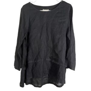 Crown Linen Designs Womens Black Layered 100% Linen Top Sz M Lagenlook Boho